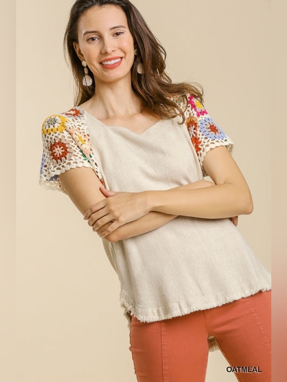 Umgee Donna Linen Blend Crochet Grandma Square Hippie Cottagecore Frayed Hem Top - Picture 3 of 9